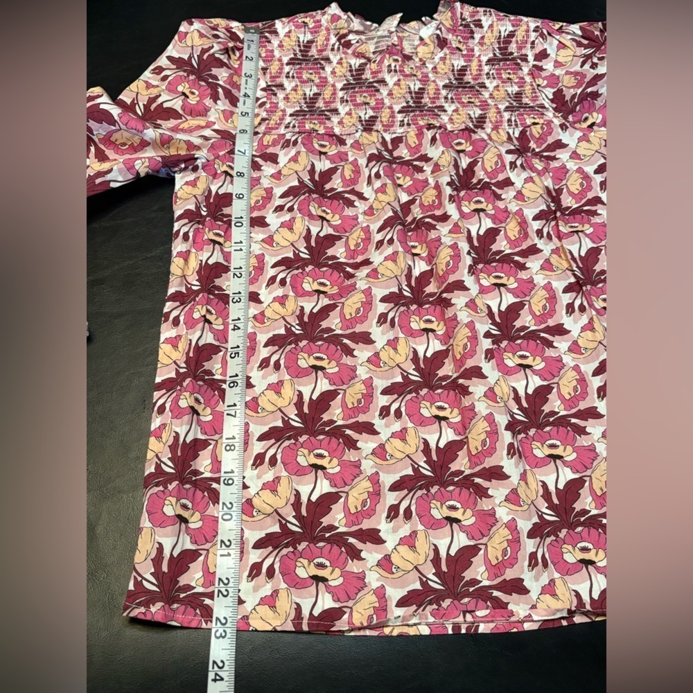 J. Crew Liberty Fabric Pink Floral Smocked Long Sleeve Top Button Back XS - Picture 10 of 11